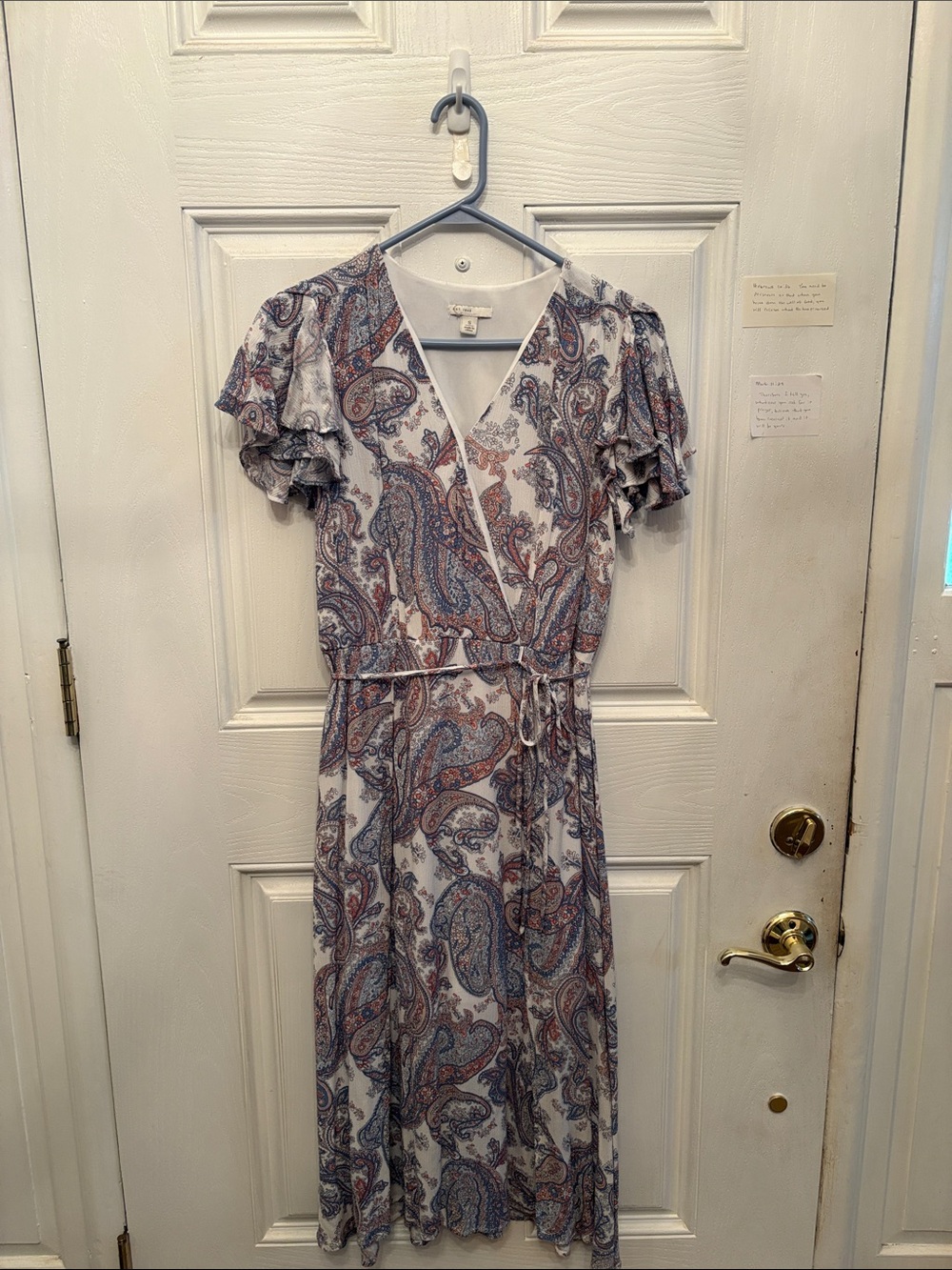 Paisley Midi Dress with Self-Tie Waist — Cream and Blue